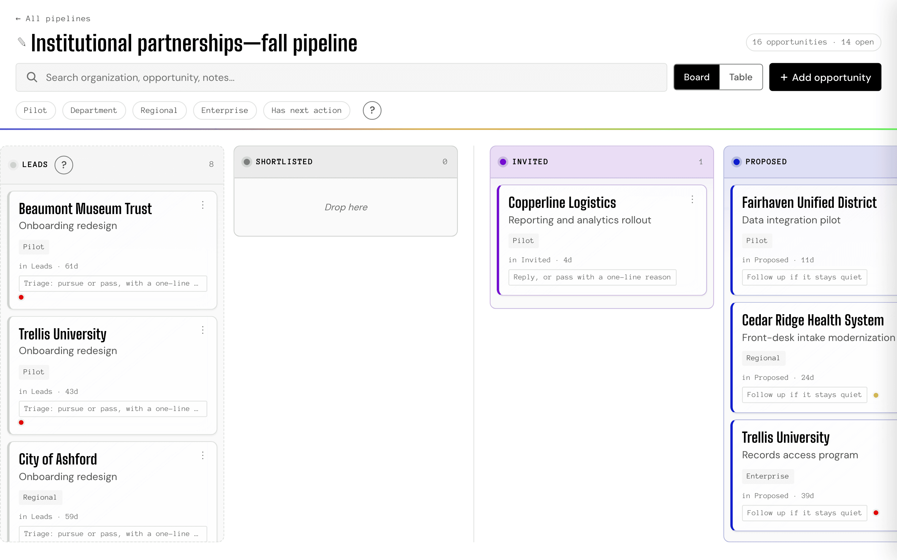 The pipeline in the Booth. Every opportunity you are working, stage by stage, and how long each has been sitting there. Connect your mailbox and the Booth scans it for updates, so the board keeps itself current.